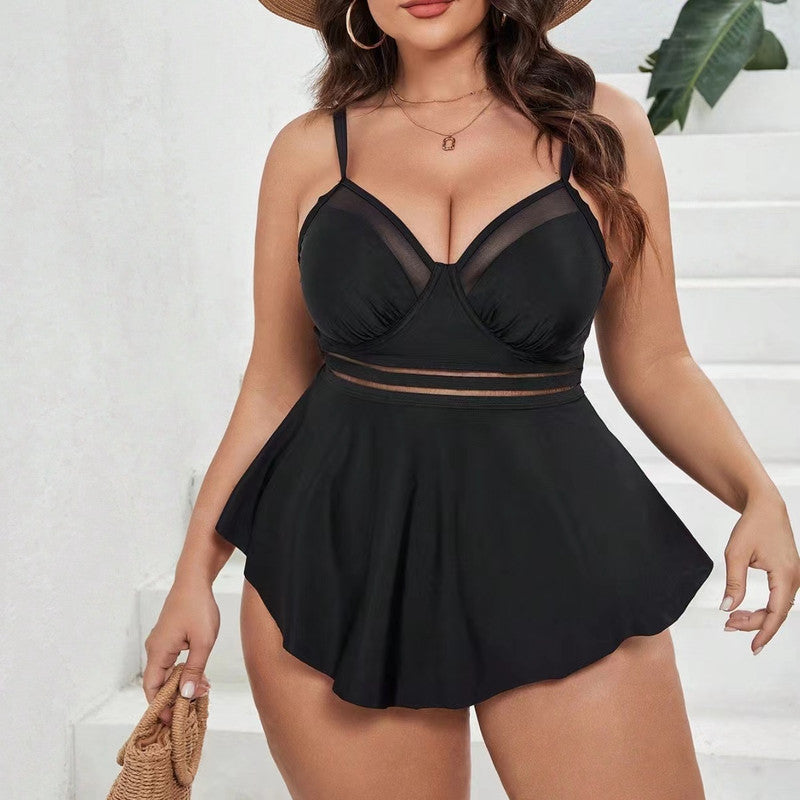 Plus Size Black Net‑Front Two‑Piece Swimsuit – Square Neck