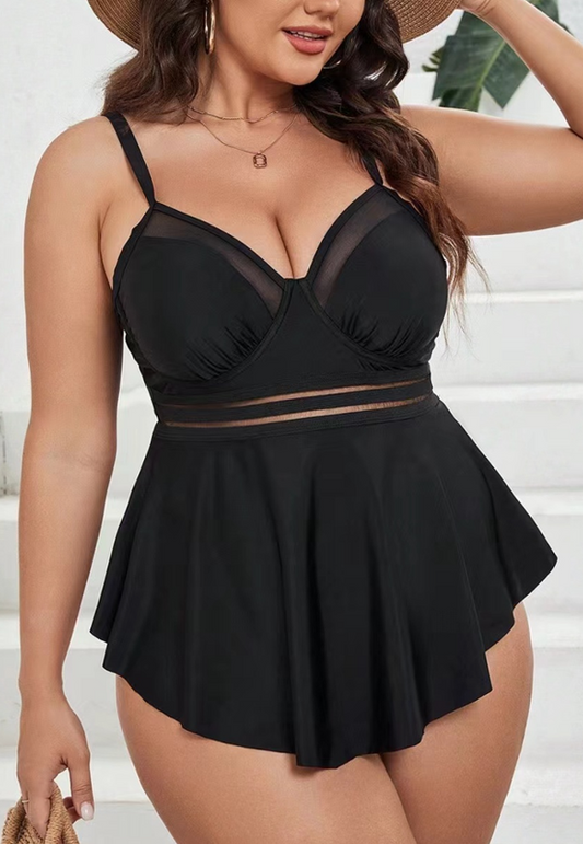 Plus Size Black Net‑Front Two‑Piece Swimsuit – Square Neck