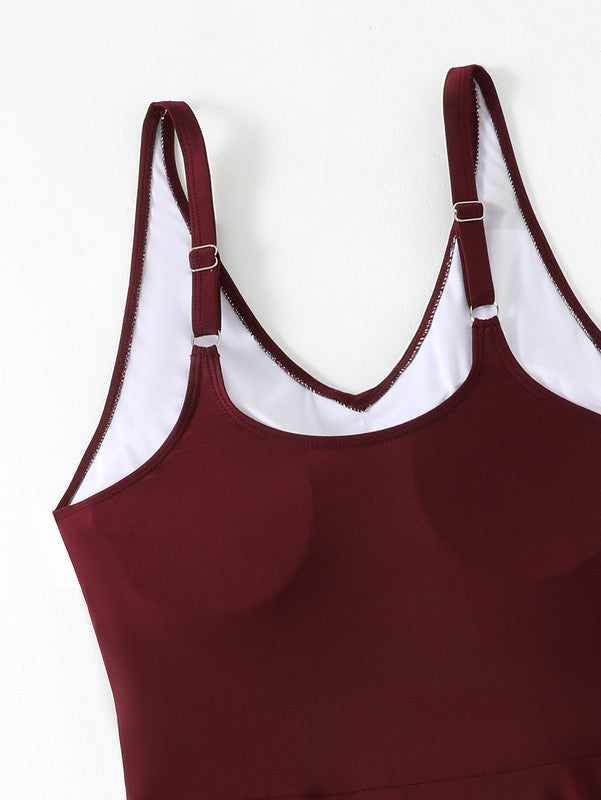 Plus Size Maroon Front‑Knot Round‑Neck One‑Piece Swimsuit with Shoulder Straps