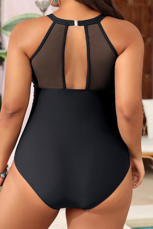 Plus-Size One-Piece Swimsuit — Tummy Control, High Neck & Ruched Design