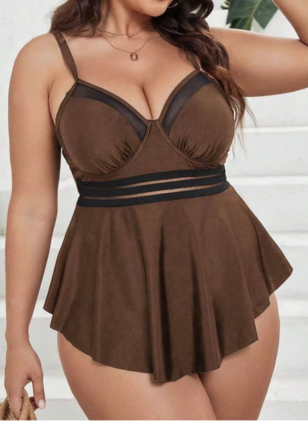 Solid Front Net Pattern Two Piece Swimsuit Brown