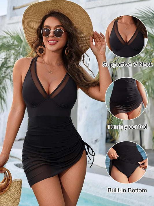 Women's One-Piece Swim Dress — Tummy Control, Slimming Mesh Sarong Wrap