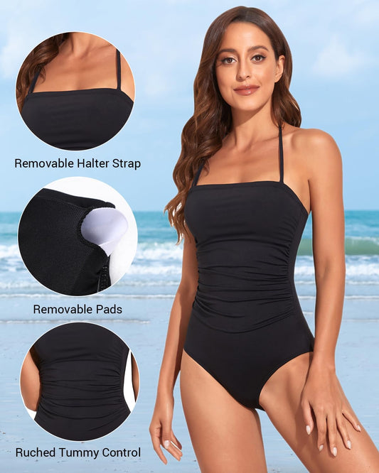 Women's Tummy Control One-Piece Swimsuit — Strapless Bandeau & Halter Slimming Swimwear with Push-Up Support