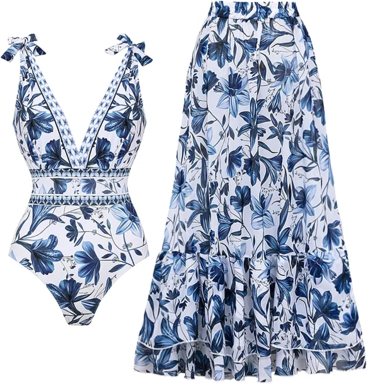 Blue and White V-Neck Lace-Up One-Piece Swimsuit with Matching Skirt Sarong — Adjustable Straps & Removable Cups - SoftBold