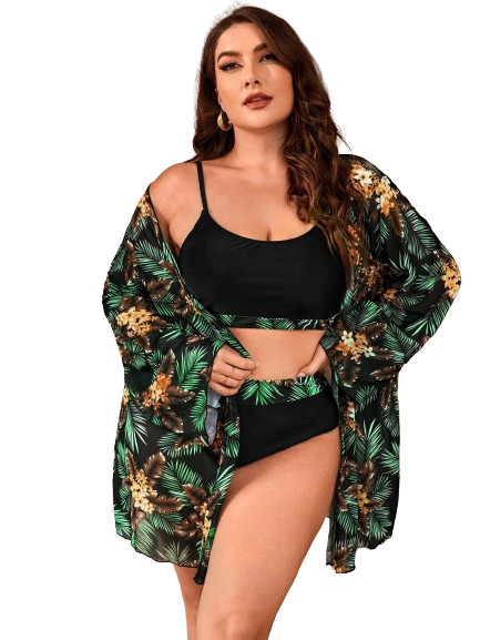 Curvy Tropical Plus-Size Bikini Set with High-Waist Bottoms