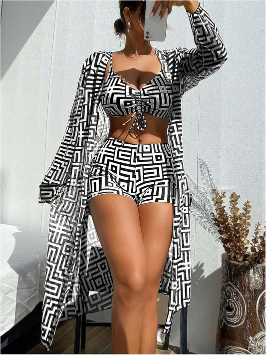 Geo Print Bikini with Kimono Set — Flattering & Comfortable Beachwear