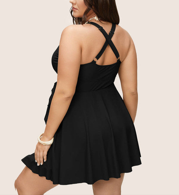Plus Size Black Flutter‑Wrap One‑Piece Swim Dress with Tie