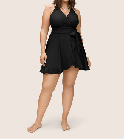 Plus Size Black Flutter‑Wrap One‑Piece Swim Dress with Tie