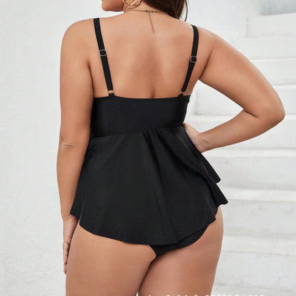 Plus Size Black Net‑Front Two‑Piece Swimsuit – Square Neck