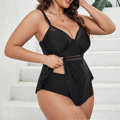 Plus Size Black Net‑Front Two‑Piece Swimsuit – Square Neck