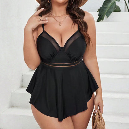Plus Size Black Net‑Front Two‑Piece Swimsuit – Square Neck