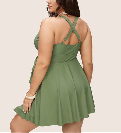 Plus Size Light Green Flutter‑Wrap One‑Piece Swim Dress with Tie