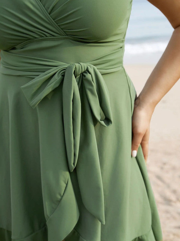 Plus Size Light Green Flutter‑Wrap One‑Piece Swim Dress with Tie