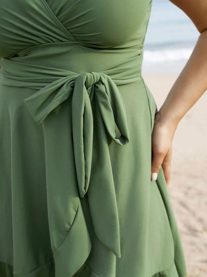 Plus Size Light Green Flutter‑Wrap One‑Piece Swim Dress with Tie