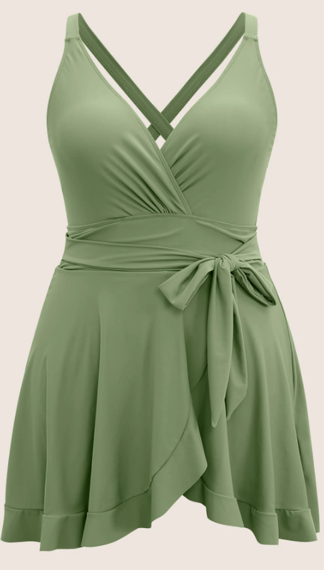 Plus Size Light Green Flutter‑Wrap One‑Piece Swim Dress with Tie