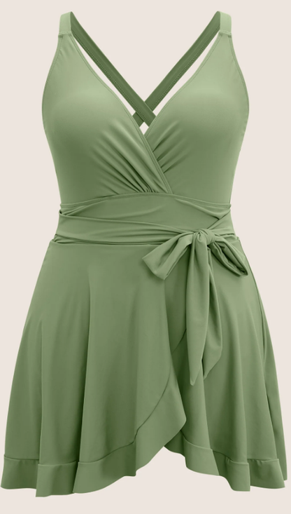 Plus Size Light Green Flutter‑Wrap One‑Piece Swim Dress with Tie