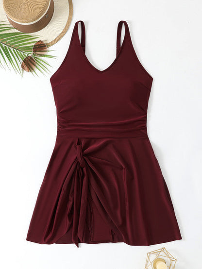 Plus Size Maroon Front‑Knot Round‑Neck One‑Piece Swimsuit with Shoulder Straps