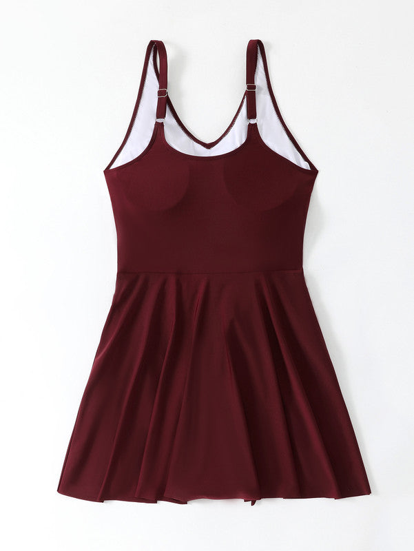 Plus Size Maroon Front‑Knot Round‑Neck One‑Piece Swimsuit with Shoulder Straps