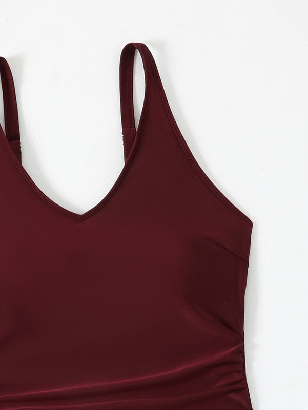 Plus Size Maroon Front‑Knot Round‑Neck One‑Piece Swimsuit with Shoulder Straps