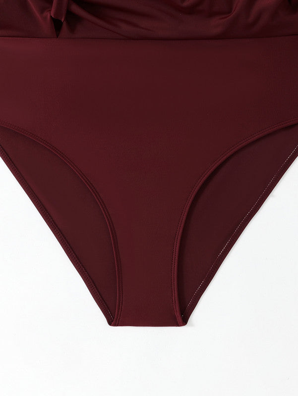 Plus Size Maroon Front‑Knot Round‑Neck One‑Piece Swimsuit with Shoulder Straps