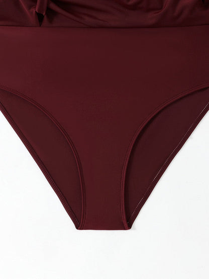 Plus Size Maroon Front‑Knot Round‑Neck One‑Piece Swimsuit with Shoulder Straps