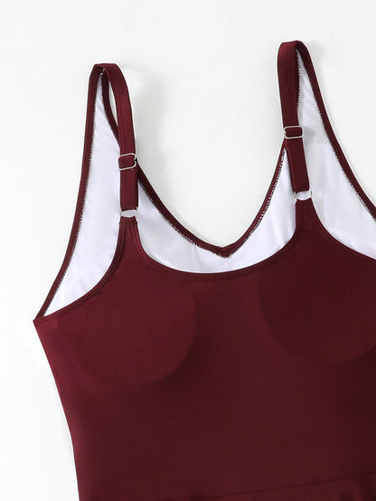 Plus Size Maroon Front‑Knot Round‑Neck One‑Piece Swimsuit with Shoulder Straps