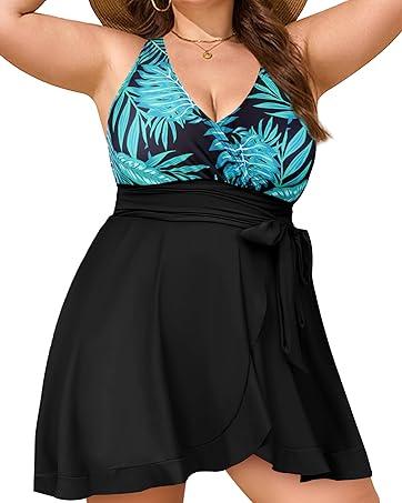 Plus Size Multicolor Flutter‑Wrap One‑Piece Swim Dress with Tie