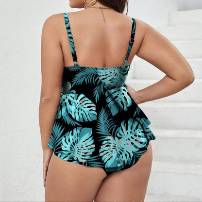 Plus Size Multicolor Net‑Front Two‑Piece Swimsuit – Square Neck