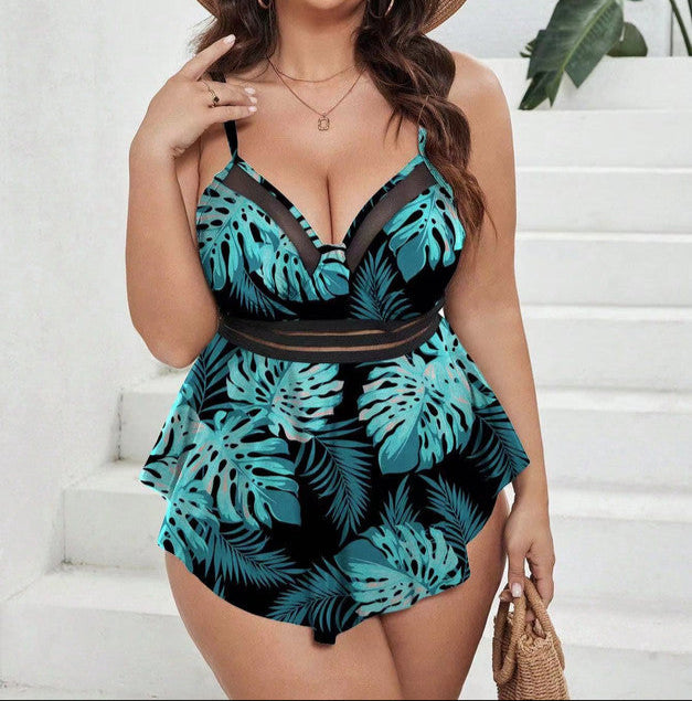 Plus Size Multicolor Net‑Front Two‑Piece Swimsuit – Square Neck
