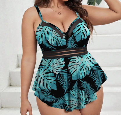 Plus Size Multicolor Net‑Front Two‑Piece Swimsuit – Square Neck