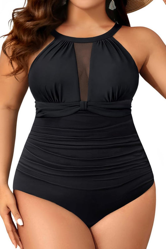 Plus-Size One-Piece Swimsuit — Tummy Control, High Neck & Ruched Design