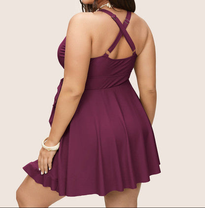 Plus Size Red‑Violet Flutter‑Wrap One‑Piece Swim Dress with Tie