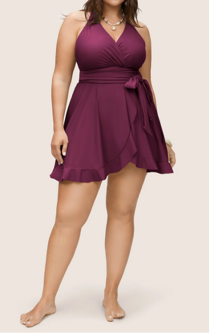 Plus Size Red‑Violet Flutter‑Wrap One‑Piece Swim Dress with Tie