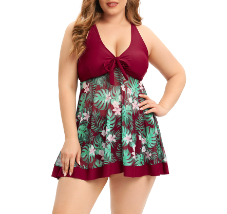 Red Floral Crossback Plus-Size Bikini Set with Crisscross Straps