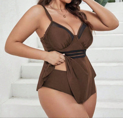 Solid Front Net Pattern Two Piece Swimsuit Brown