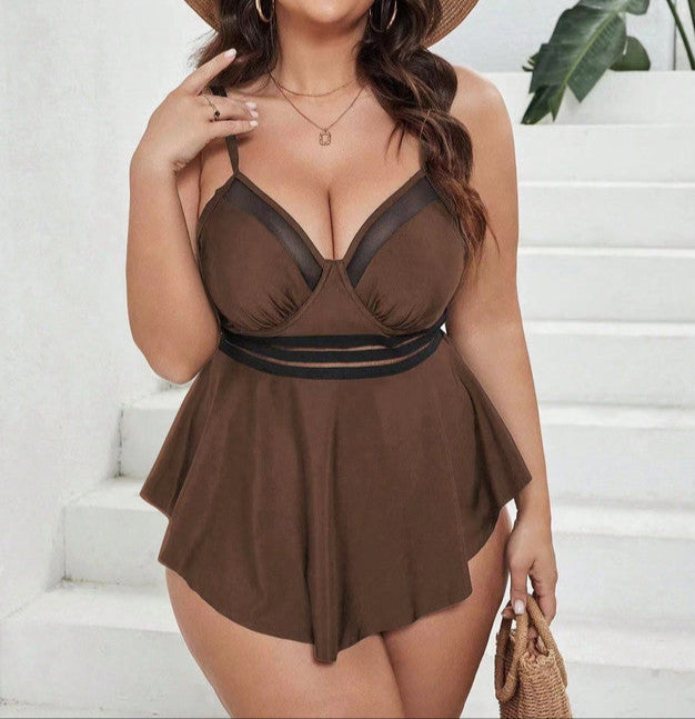 Solid Front Net Pattern Two Piece Swimsuit Brown