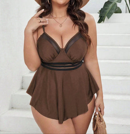 Solid Front Net Pattern Two Piece Swimsuit Brown
