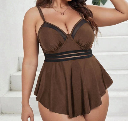 Solid Front Net Pattern Two Piece Swimsuit Brown