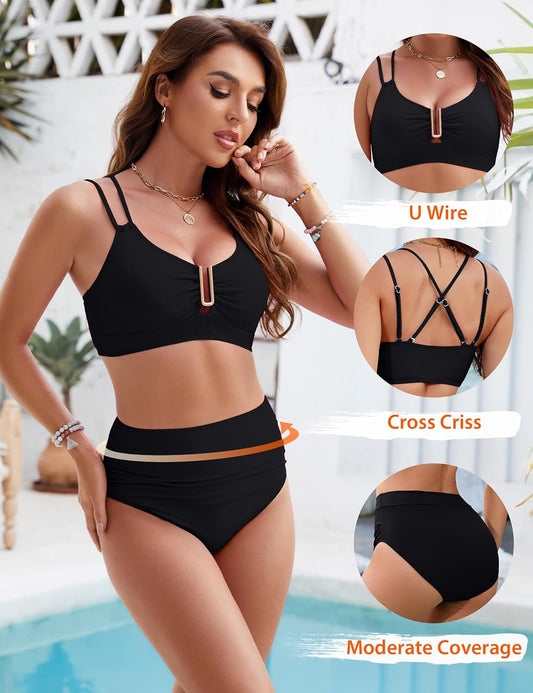 Women's High Waisted Bikini Set with Tummy Control — Crisscross Cutout Ruched Two-Piece Swimsuit for Modest Coverage