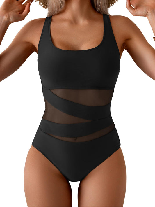 Women’s Mesh One-Piece Swimsuit — Tummy Control, Push-Up & Slimming Design