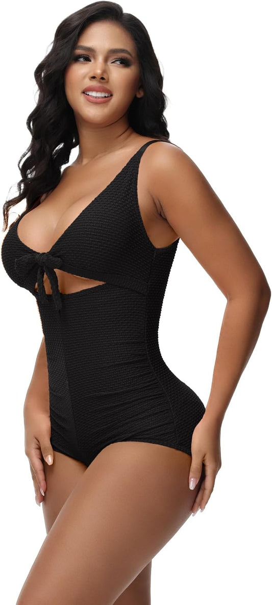 Women’s Tummy Control One-Piece Swimsuit — Slimming Cutout Tie Knot Push-Up Swimwear