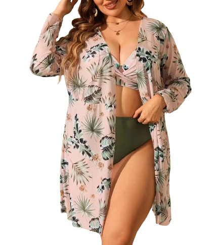 Curvy Tropical Plus-Size Bikini Set with High-Waist Tummy Control