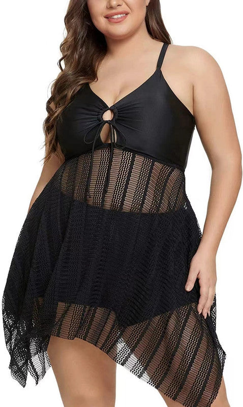 Curvy Black Mesh Plus-Size Swim Set with Sheer Insets