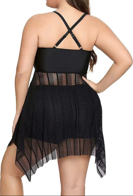 Curvy Black Mesh Plus-Size Swim Set with Sheer Insets