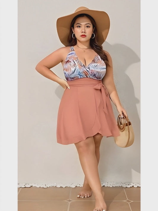 Plus Size Peachy Pink Flutter‑Wrap Swim Dress with Tie