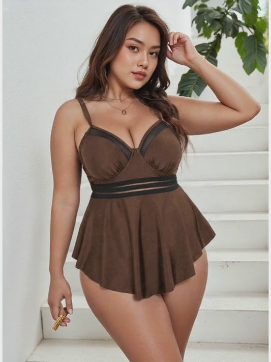 Solid Front Net Pattern Two Piece Swimsuit Brown