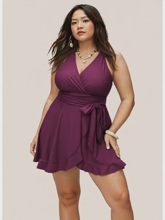 Plus Size Red‑Violet Flutter‑Wrap One‑Piece Swim Dress with Tie