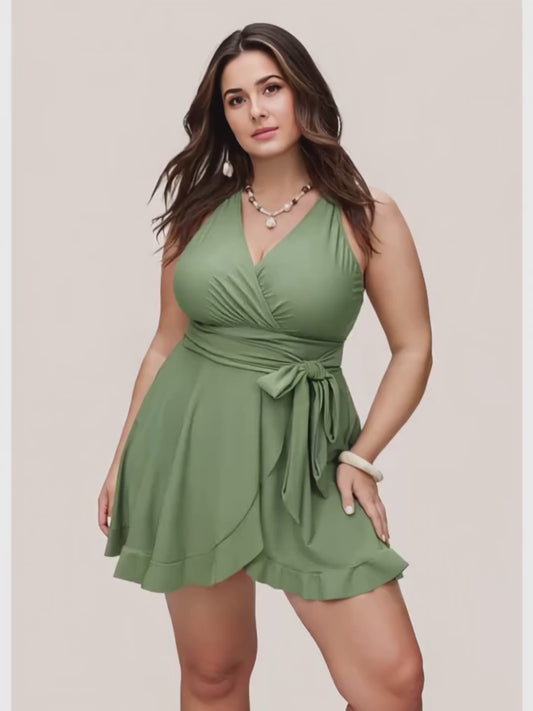 Plus Size Light Green Flutter‑Wrap One‑Piece Swim Dress with Tie