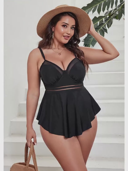 Plus Size Black Net‑Front Two‑Piece Swimsuit – Square Neck