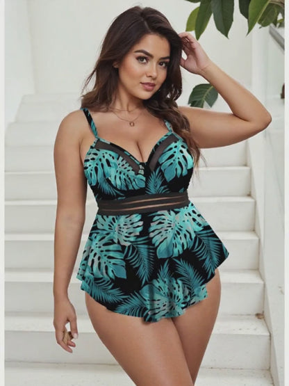 Plus Size Multicolor Net‑Front Two‑Piece Swimsuit – Square Neck